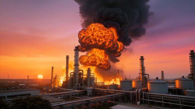 Violent explosion at oil refinery during sunset. Industrial accident with fire and smoke. Tilt down shot.