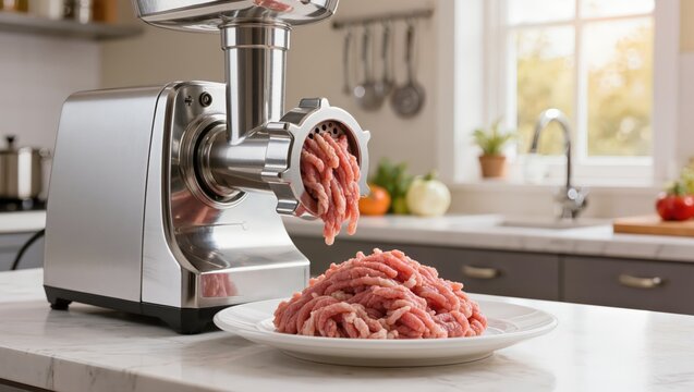Fresh ground meat emerging from a modern stainless steel electric meat grinder on a white kitchen counter. Home preparation of quality mince for burgers focusing on culinary transformation and authent