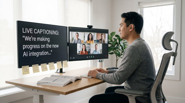 Deaf software developer using an AI-powered real-time captioning tool during a video team call in a home office, a second monitor displays l