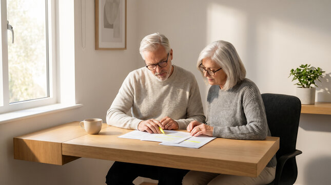 Retired couple reviewing estate planning documents at a minimalist home office desk during a quiet weekday morning, reading glasses on, high