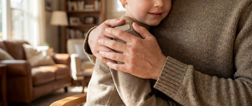 child adult support hug family comfort care trust closeup with small child leaning against protective adult chest in cozy home suggesting emotional safety reassurance and secure attachment