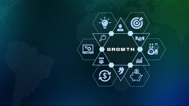  Business growth and economic development success concept. Financial icons and global map representing scalable corporate expansion and progress.