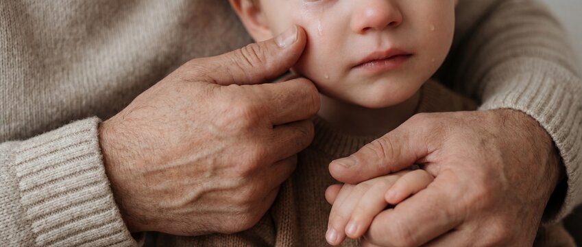 child adult support tears comfort family care trust closeup with caregiver wiping child cheek in protective arms suggesting empathy reassurance emotional healing and gentle parenting response
