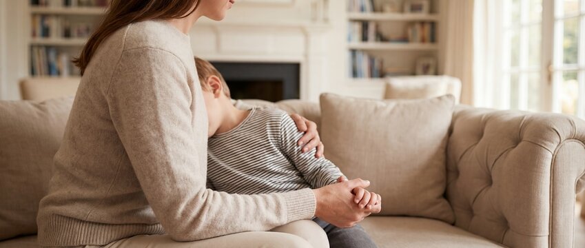 child adult support sofa comfort family care trust lifestyle with caregiver comforting resting child on couch suggesting reassurance protection healing attachment and peaceful home wellbeing