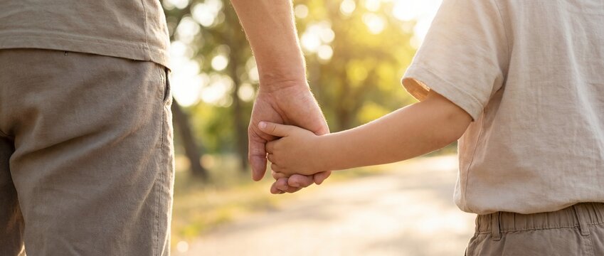child adult support walking hands family care trust closeup with caregiver and child holding hands on sunlit path suggesting guidance protection connection and safe childhood journey