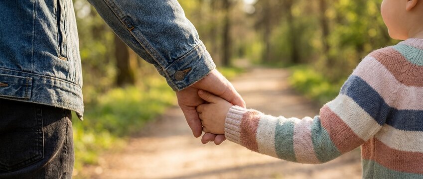 child adult support walking hands family care trust closeup with caregiver holding small hand on park path suggesting guidance protection connection and safe childhood journey and hope