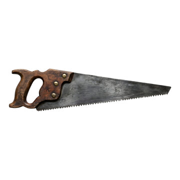 Vintage handsaw, old wood saw, rusty metal, wooden handle, antique tool