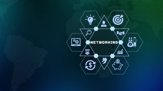 Global networking and business connectivity concept. International communication map with corporate icons for digital integration and partnership.