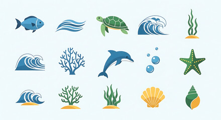Obraz premium Ocean icons, sea symbols, marine life graphics, 16 aquatic elements