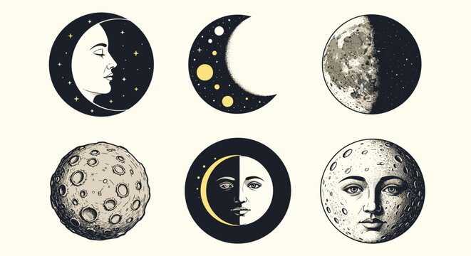 Artistic depictions of the moon in various phases including crescents with human faces and detailed full moon surface views.