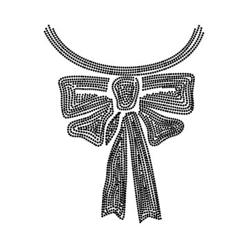 Black and white dotted vector illustration of a bow ribbon necklace. Designed in a Y2K rhinestone style, perfect for streetwear apparel, fashion graphics, and retro chic designs. Isolated on white.