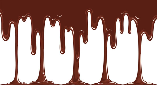 Seamless pattern of rich dark chocolate or syrup dripping down from the top against a clean white background for food design.