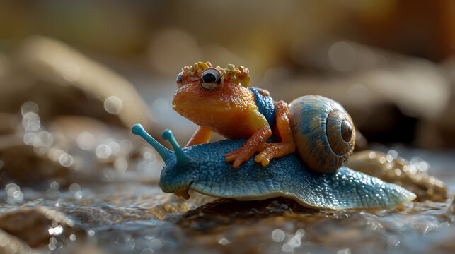 blue poison dart frog riding snail underwater