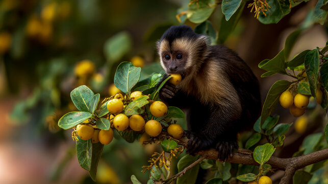 capuchin monkey eating ripe fruit in rainforest tree