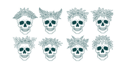 Fototapeta premium Set of Hand Drawn Skulls with Floral Wreaths and Roses Line Art for Gothic and Bohemian Design Art