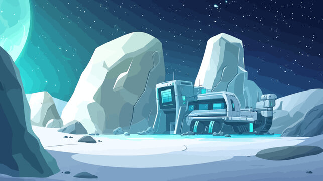 Pixelated illustration of a futuristic base on an icy alien world under a starry night sky