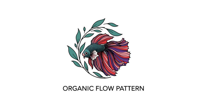 Betta Fish and Organic Leaves Circle, Elegant Siamese Fighting Fish Illustration