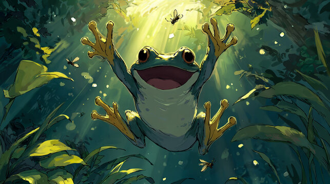 cartoon frog leaping joyfully in lush jungle sunlight
