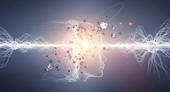 Profile silhouette of a woman's head filled with exploding particles and glowing waveforms.