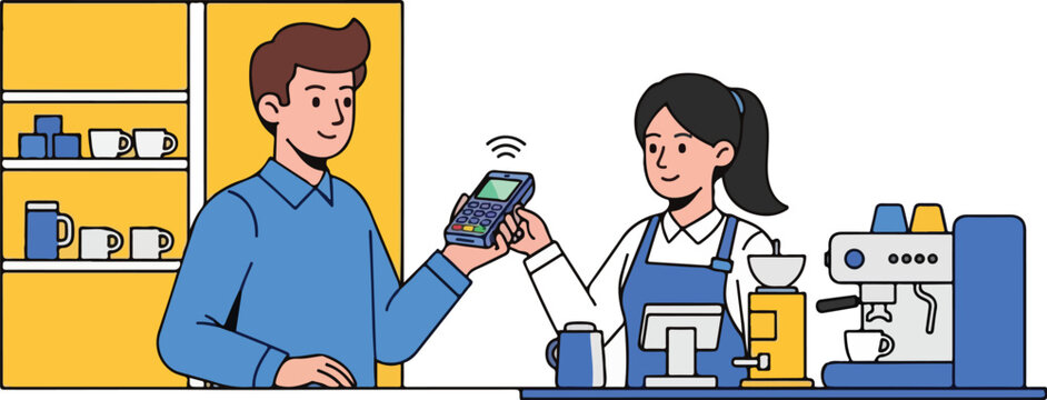 Customer uses phone to pay for coffee at cafe counter with cashier