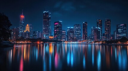 Fototapeta premium city skyline at night with colorful reflections on river