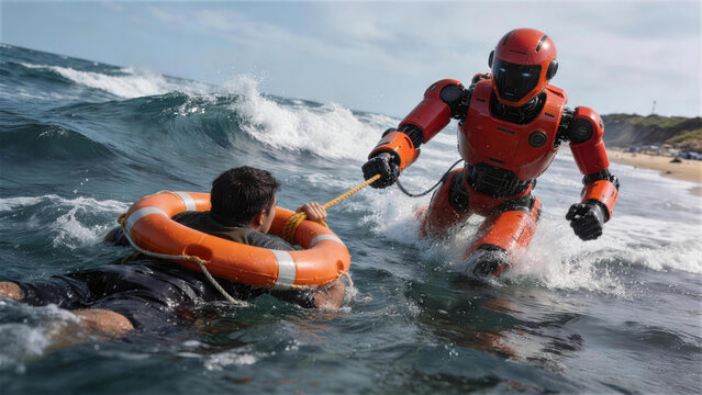 Robotic Rescue at Sea: A cutting-edge robot fearlessly navigates the turbulent ocean, extending a lifeline to a struggling person in need. A captivating blend of technology and compassion.