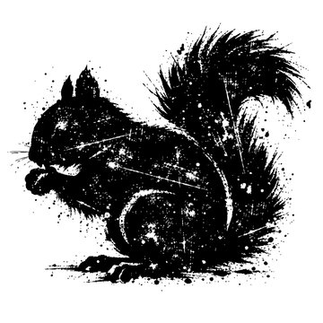 Black and white illustration of a squirrel with paint splatters on a white background, grunge style animal design
