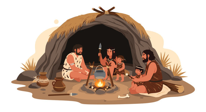 Prehistoric family of cavemen gathered around a central campfire inside their cave dwelling with primitive tools nearby.