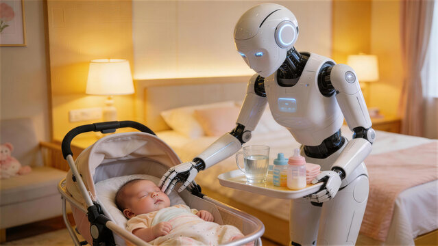 Futuristic Nanny: A sleek, intelligent robot tends to a sleeping infant in a nursery setting, showcasing the potential of advanced technology in childcare and domestic assistance.