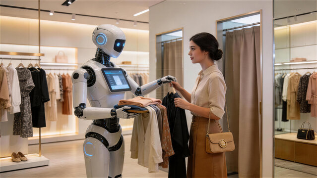Retail Revolution: A futuristic retail store scene unfolds as a humanoid robot assists a woman in selecting garments. The image showcases the fusion of advanced technology with the retail experience.