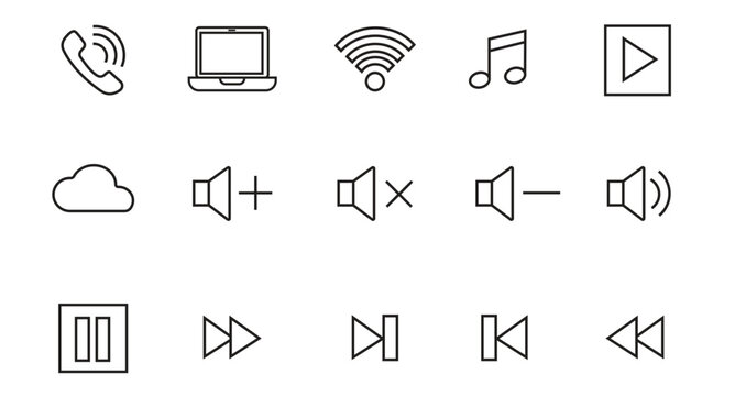Collection of minimal black line ui icons for media communication technology and sound control use.
