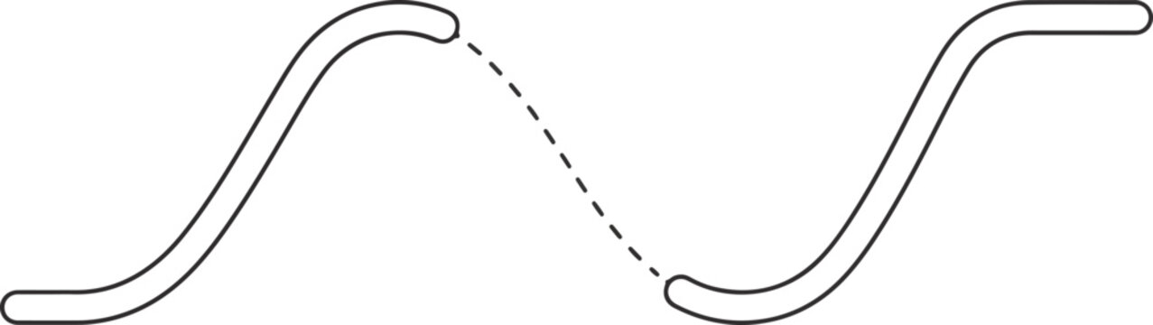Minimalist vector illustration depicting a broken path or connection, represented by two curved lines with a dashed line in between, symbolizing a gap or interruption.