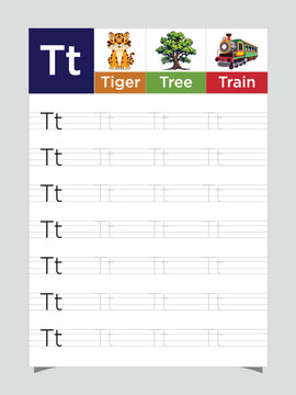 Letter T worksheet for kids, tracing uppercase lowercase, T for Tiger printable preschool handwriting practice sheet