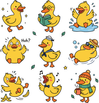 cute cartoon duck doodle vector set design illustration
