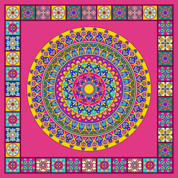 Colorful mandala wedding dance floor design. Vibrant ethnic patterns and symmetrical floral ornamentation on bold pink background. For festive events, Indian weddings, Mehndi, Sangeet, celebrations.