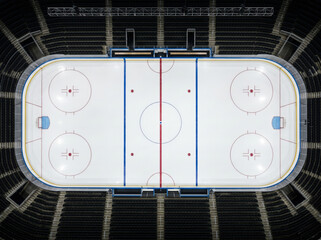 Naklejka premium Top view of an empty hockey rink with red and blue markings and no signs or logos on the ice.