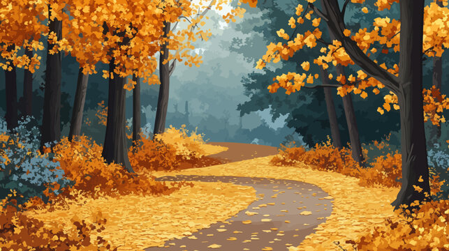 A vibrant, animated illustration of an autumn forest path winding through trees covered with colorful leaves