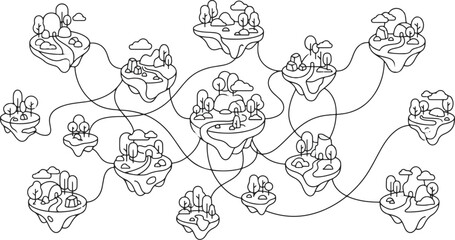 Obraz premium Minimalist vector illustration showing multiple floating islands connected by thin lines in a network concept art
