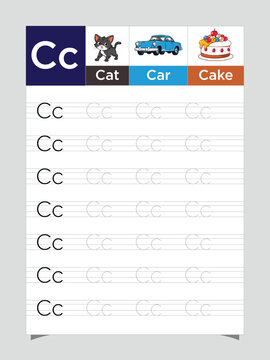 Letter C worksheet for kids, tracing uppercase lowercase, C for Cat printable preschool handwriting practice sheet