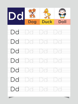 Letter D worksheet for kids, tracing uppercase lowercase, D for Dog printable preschool handwriting practice sheet
