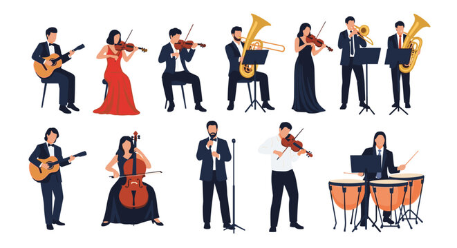Talented group of orchestra musicians playing various classical instruments such as violin, cello, trumpet, and drums.