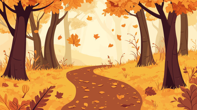 A charming, stylized illustration of an autumnal forest scene with a winding path and falling leaves