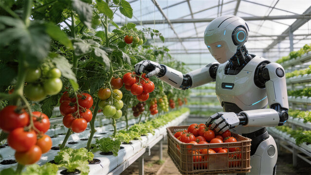 Agricultural Robot Harvesting Tomatoes in a Greenhouse: An advanced agricultural robot meticulously harvests ripe tomatoes in a state-of-the-art greenhouse.