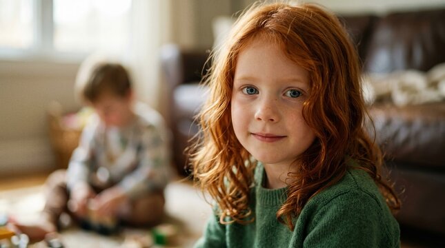 Portrait of red haired child with freckles and blue eyes at home, soft natural light and warm family lifestyle atmosphere