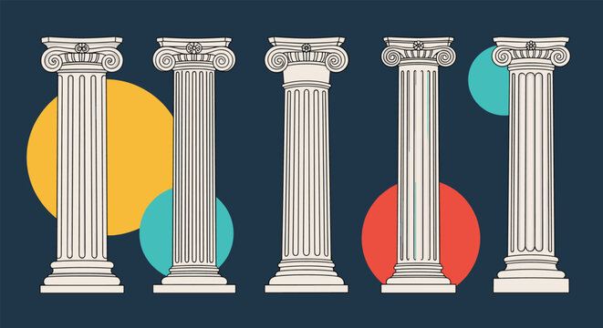 Set of five classical architectural columns with intricate ionic capitals displayed against a dark navy background.