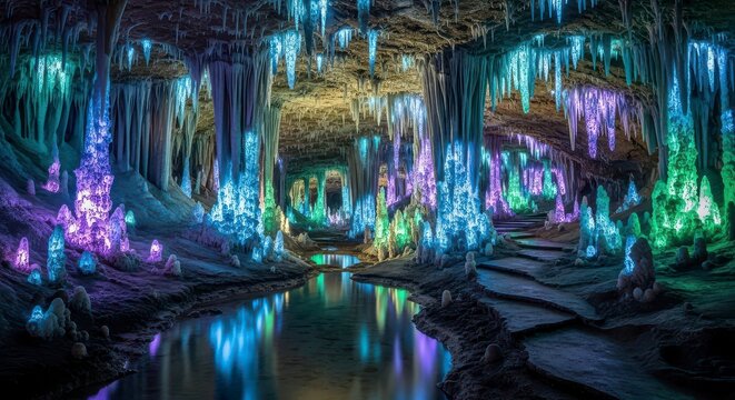 Illuminated cave with stalactites and stalagmites reflecting in water creating a colorful display