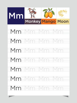 Letter M worksheet for kids, tracing uppercase lowercase, M for Monkey printable preschool handwriting practice sheet