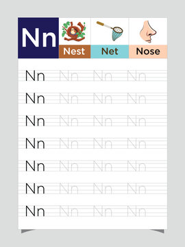 Letter N worksheet for kids, tracing uppercase lowercase, N for Nest printable preschool handwriting practice sheet