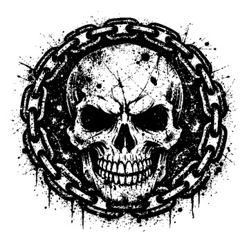 A grungy skull with a menacing grin surrounded by a heavy chain on a white background with paint splatters