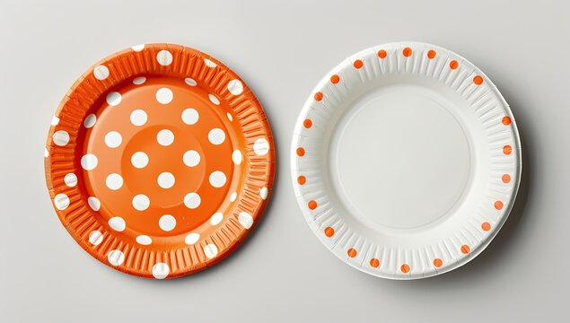 Overhead shot of two disposable paper plates, one polka-dotted, another with orange dots